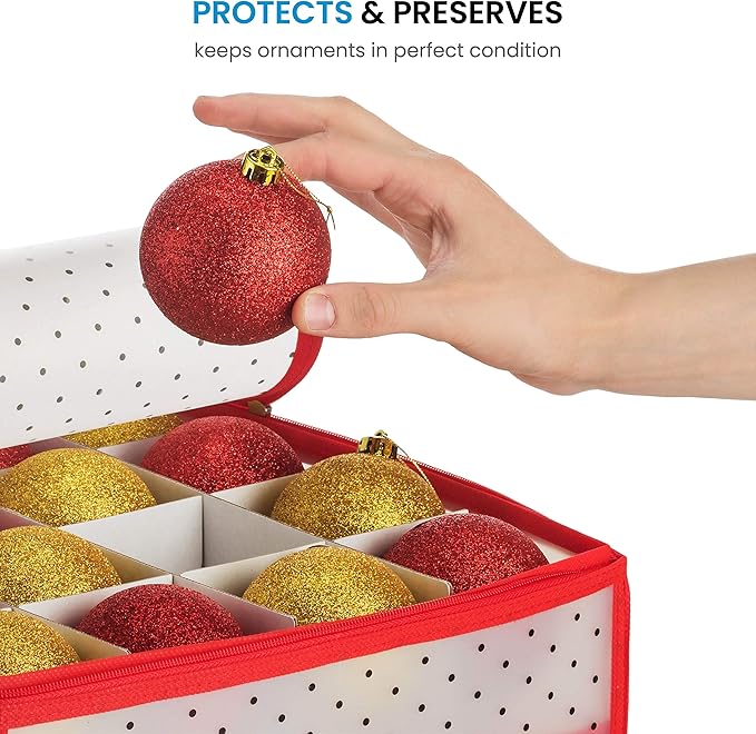 ZOBER Christmas Ornament Storage Box - Stores 128 Ornaments W/ 2 Sided Zipper - Flexible Plastic Christmas Ornament Storage Containers - 3 Inch Cube Compartments - Red