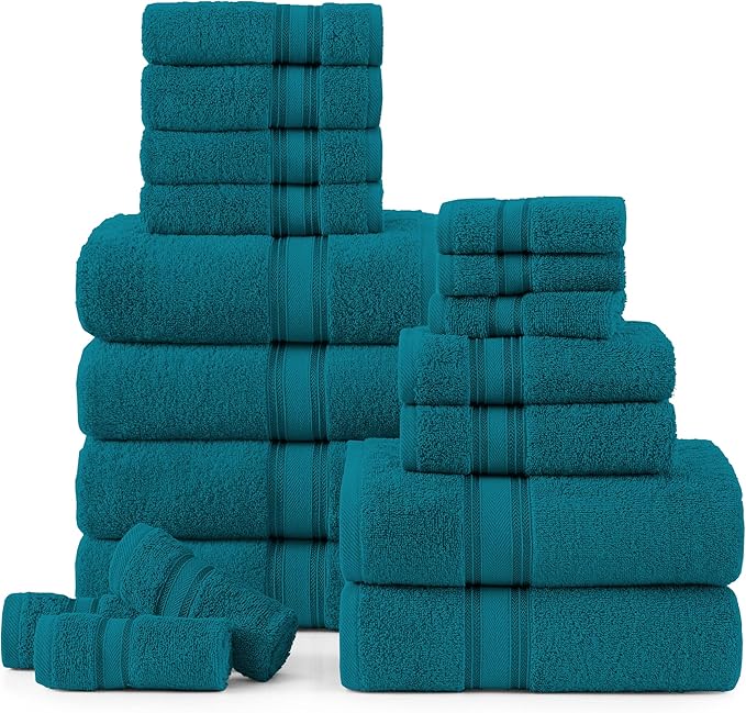 LANE LINEN 18Pc 100% Cotton Bath Towels – 6 Bath, 6 Hand Towel & 6 Washcloths, Zero Twist, Absorbent Softness for Daily Use, Perfect for Airbnb, Spa & Hotel, Machine Washable – Sea Port