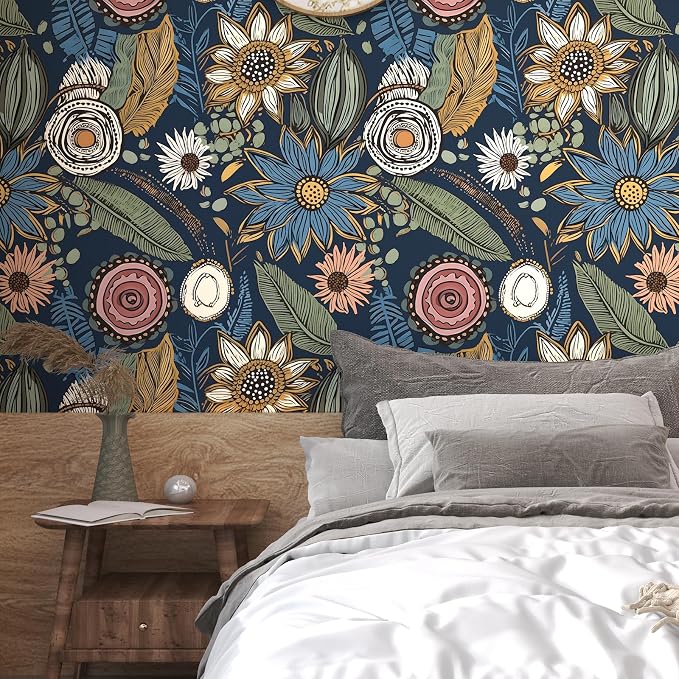 Boho Wallpaper Peel and Stick, Dark Vintage Floral Contact Paper, 17.5" x 197"