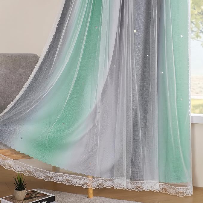 XiDi Curtains for Bedroom Decor, Rainbow Green LightgreyGrey34/45/1