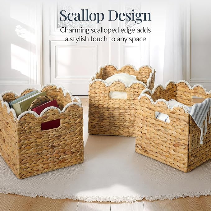 Best Choice Products 12 x 12in Scalloped Hyacinth Baskets, Rustic Set Of 5 Multipurpose Collapsible Storage Organizer, Handwoven Laundry Totes for Bedroom, Living Room, Shelves - Natural w/White Trim