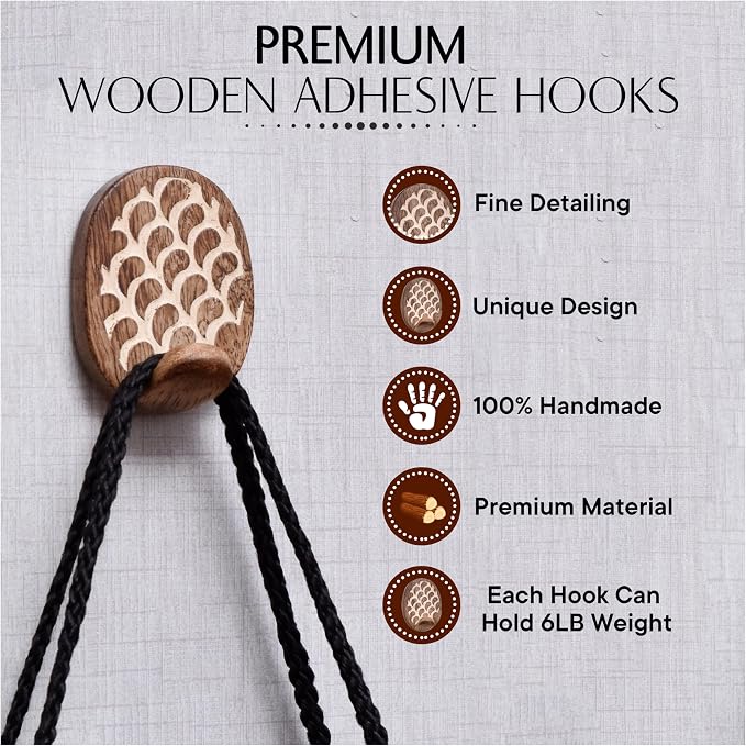 Indian Shelf 6 Lb- 6 Pieces Decorative Wood Adhesive Wall Hooks–Boho Peel and
