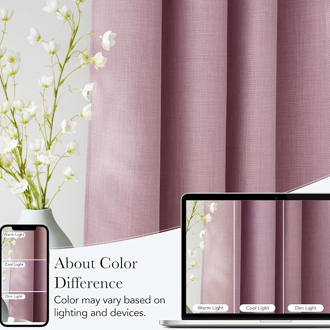 NICETOWN Pink Faux Linen Room Darkening Rod Pocket Curtains 63 inch Length