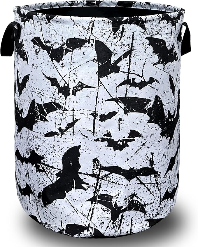 Black White Bats Laundry Basket Foldable With Handles Universal Tote Bag Oxford Cloth Funny Laundry Hamper 18.9" x 16.5" Clothes Storage Bucket Toy Organizer For Bathroom/Laundry/Bedroom