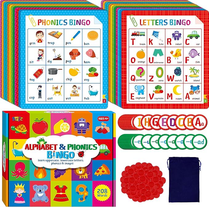 Alphabet & Phonics Bingo Game, 12 Bingo Boards ABC Letters, CVC Blends Words Phonetic Game, Letters Phonetic Awareness Early Educational Learning Toys - Ages 4 and up, Perfect for Classroom & At Home