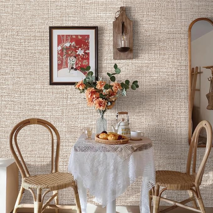Amiya Grasscloth Khaki Wallpaper Peel and Stick Tan Faux Fabric Linen Contact