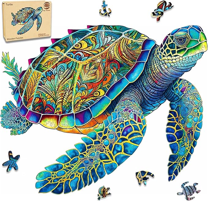 Mys Aurora FSC Certified Sea Turtle Wooden Puzzles 500 Pieces | 5MM Unique Shaped Wooden Puzzle for Adults and Kids, Family Game 16.9 x 20.7 Inch