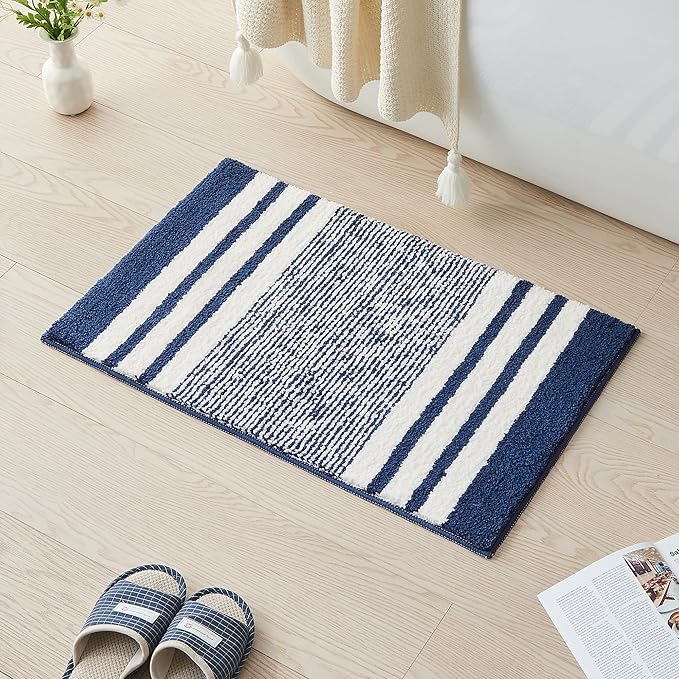CozeCube Bath mats for Bathroom Non Slip, Fluffy Absorbent Microfiber Bath mat Washable, Aesthetic Bathroom Rugs, Small Navy Blue Striped Bath mat, Navy Blue, 24" x 16"