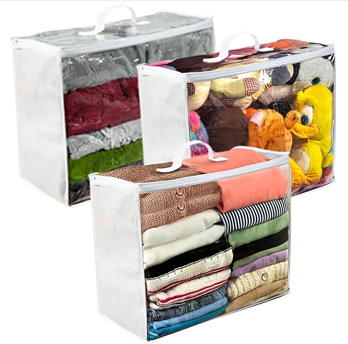 3 pack Clear Plastic Storage Bag with Zipper, Foldable Moving Bag for Comforters, Blankets, Bedding, Storage Containers, Breathable, Durable Clothes and Duvet Closet Organizers, 18x15x9