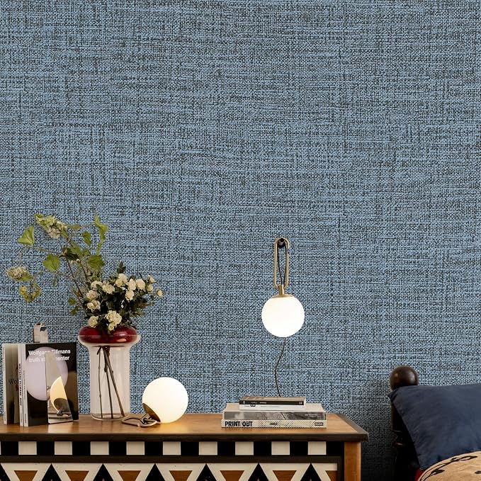 Blue Gray Grasscloth Peel and Stick Wallpaper 17.3"x1200" Faux Linen Textured