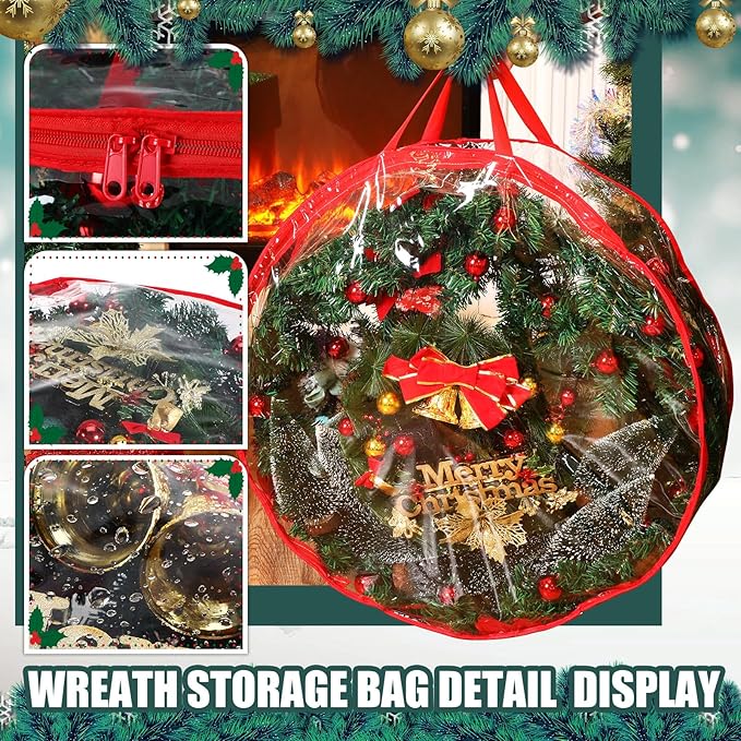 Shappy 6 Pcs 36 Inch Christmas Wreath Storage Container Clear Wreath Storage Bags PVC Waterproof Garland Bags with Clear Window Dual Zippers and Handles for Xmas Holiday Artificial Garland (Red)
