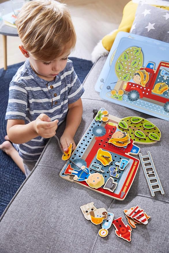 HABA Fire Engine Rescue Themed Lacing Toy Set for Preschool Learning, Fine Motor Skills Development Game with 38 Threading Tiles and 2 Template Cards, Kids Educational Toy Ages 3-5