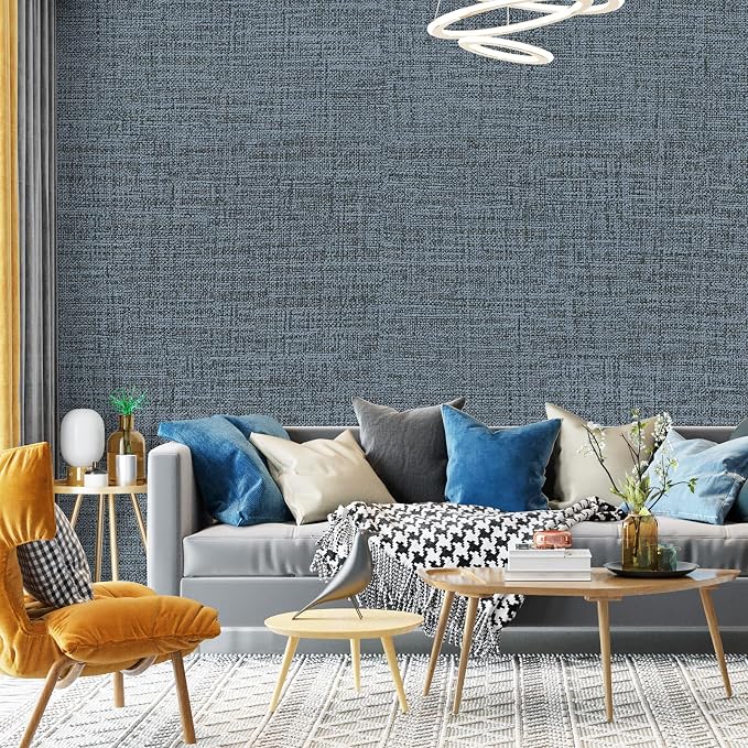 Blue Gray Grasscloth Peel and Stick Wallpaper 17.3"x1200" Faux Linen Textured