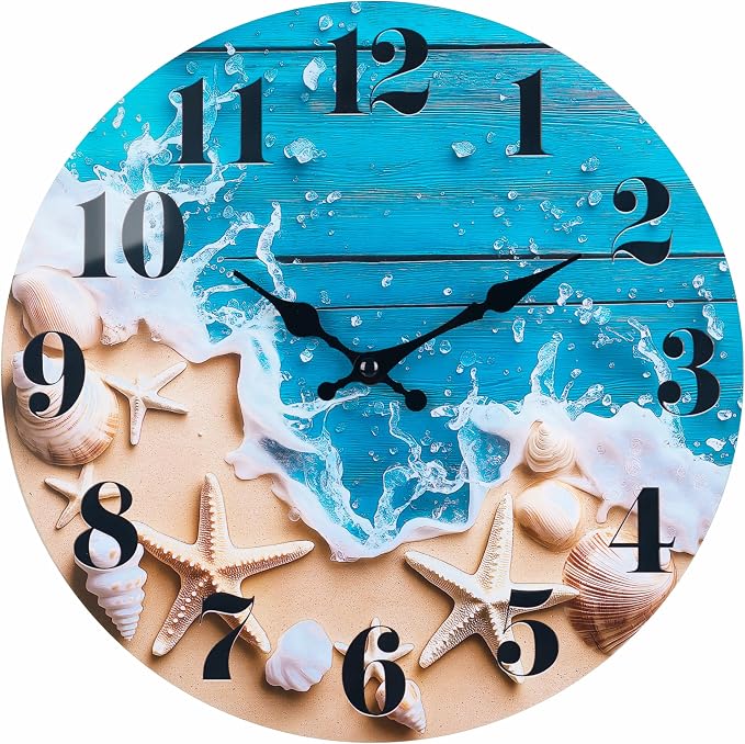 Indoor/Outdoor Clocks Waterproof, Glass Rustic Beach Decor Wall Clock