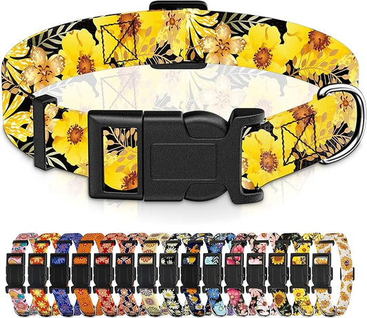 Adjustable Soft Pattern Pet Collar with Safety Buckle for Boys Girls and Puppies (Yellow Floral,M)