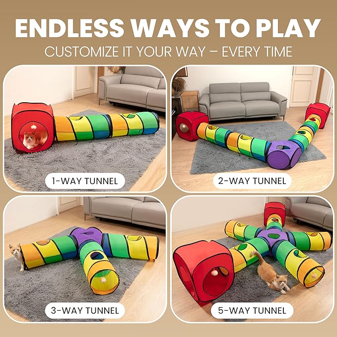 Genius Cat Tunnels for Indoor Cats - Large Customizable 5-Way Tunnel Tube System with Hanging Toys, Storage Bag, Tear-Resistant & Collapsible Play Center for Kittens, Small Dogs, & Rabbits