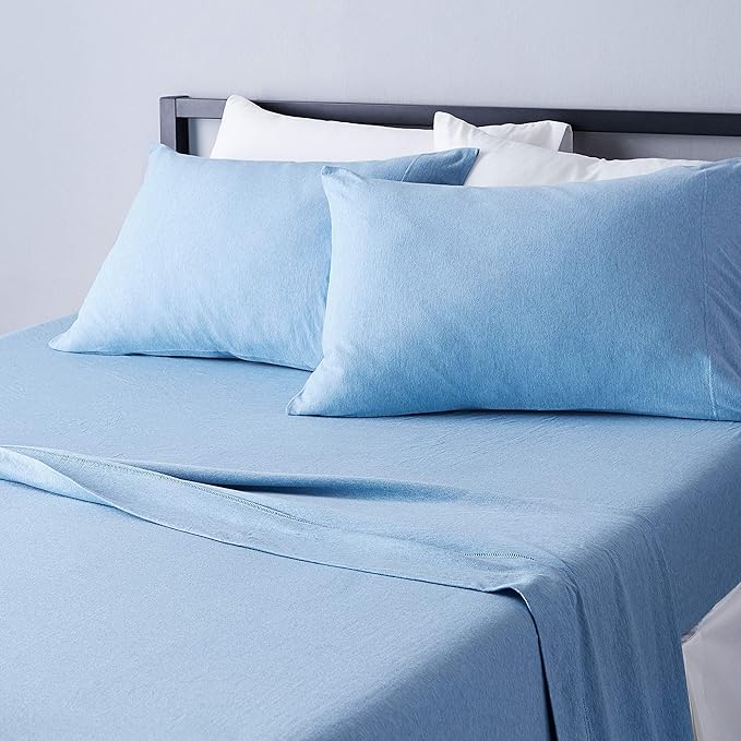 Amazon Basics 4 Piece Bed Sheets Set, 100% Cotton Jersey, Includes Super Soft, Flat and Fitted Sheets, Pillowcase, King, Sky Blue, Solid