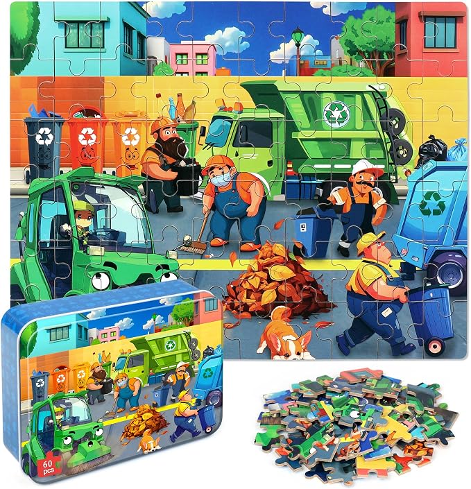 LELEMON Ocean Puzzles for Kids Ages 4-6,Recycling Garbage Truck 60 Piece Puzzles for Kids Ages 4-8,Children Jigsaw Puzzles in a Metal Box,Educational Learning Puzzle Toys for Girls and Boys