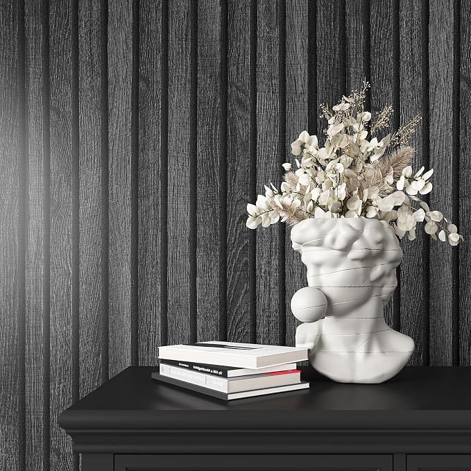 VEELIKE Charcoal Black Wood Slat Peel and Stick Wallpaper 24''x118'' Modern
