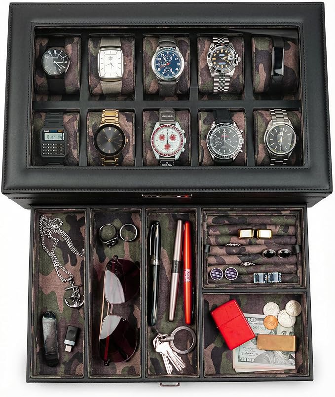 HOUNDSBAY Yachtsman Large Watch Box Jewelry Organizer for Men, Camo Gifts for Men, Jewelry Box Organizer, Watch Display & EDC Storage Drawer, Watch Case