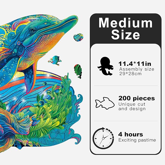 Mys Aurora Wooden Puzzles, Dolphin Jigsaw Puzzles 200 Pieces | Unique Shaped Wooden Puzzles for Adults and Kids, Family Game 11.4x11 Inch