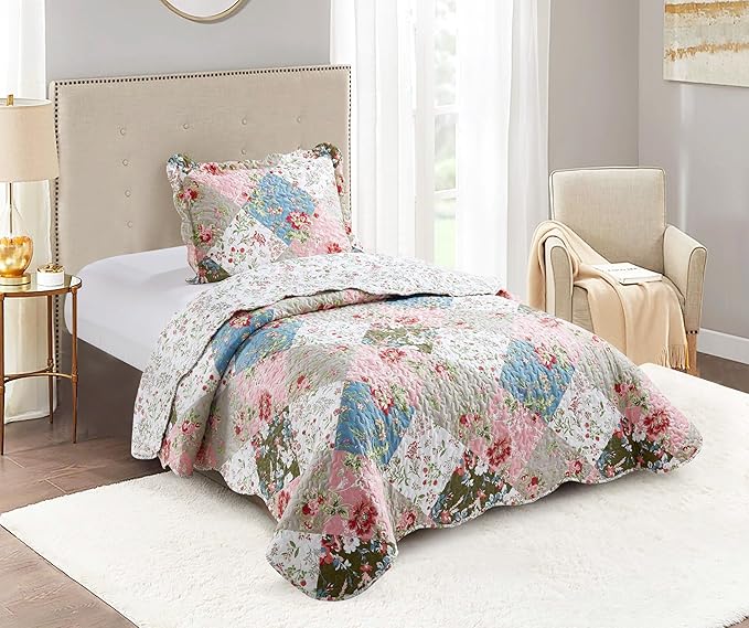 Brilliant Sunshine Peach and Olive Flowers Patchwork, 2-Piece Quilt Set with 1 Sham, Reversible Bedspread, Soft Lightweight Coverlet, All-Season, Twin, Peach Olive