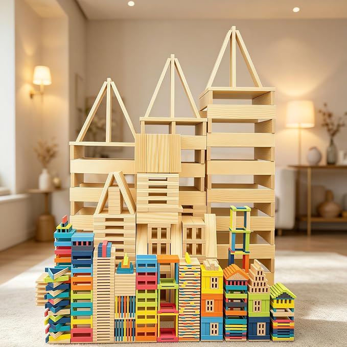 Premium 300 Pcs Natural Wooden Building Planks Building Blocks Kits for Kids 3-12, Open-Ended Classic Pine STEM Construction Toys Set for Castles, Bridges & Towers, Educational Learning Gift (4.7 in)
