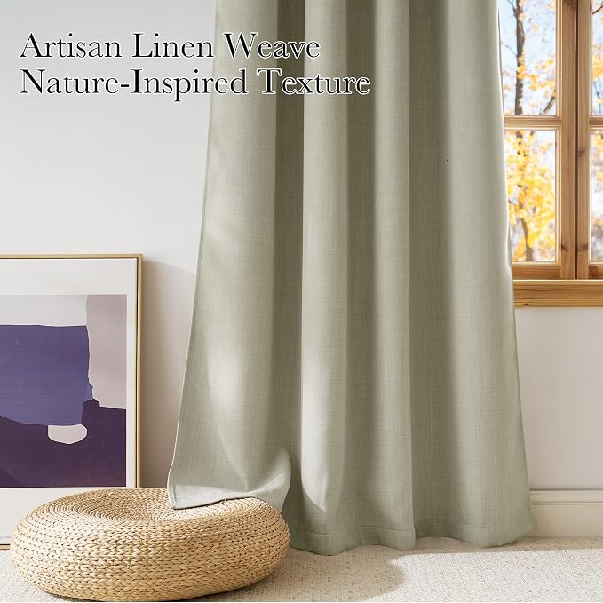 NICETOWN Beige Faux Linen Room Darkening Rod Pocket Curtains 63 inch Length
