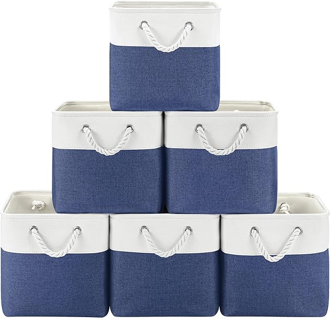 11 Inch Storage Cubes 6-Pack, Foldable Fabric Organizer Bins with Rope Handles, Cube Storage Baskets for Closet Shelves and Home Organization(White/Blue)