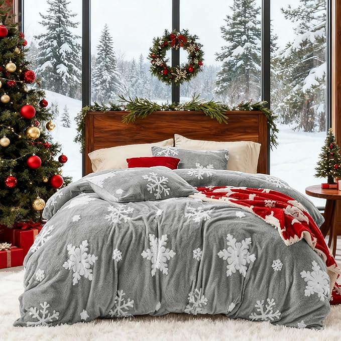 Bedsure Fluffy Duvet Cover Set - Ultra Soft Plush Shaggy Comforter Cover Queen Size, Warm Flannel Fleece Bed Sets for Winter, 3 Pieces, Snowflake Pattern, Grey