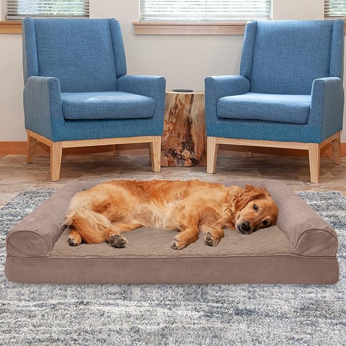 Furhaven Cooling Gel Dog Bed for Large Dogs w/ Removable Bolsters & Washable Cover, For Dogs Up to 95 lbs - Plush & Suede Sofa - Almondine, Jumbo/XL