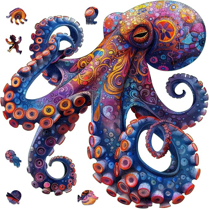 Mys Aurora Octopus Puzzles for Adults 1000 Pieces Wooden Jigsaw Puzzles | 5MM Thick Unique Shape Puzzle Ocean Wood Puzzles for Adults and Kids Birthday Gifts Family Game 23.5 * 23.4inch