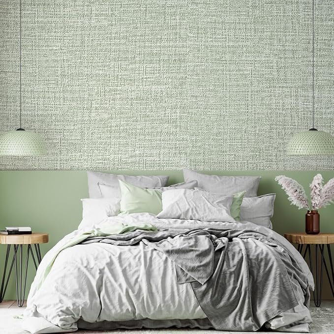 Green Grasscloth Peel and Stick Wallpaper 17.3"x300" Faux Linen Textured