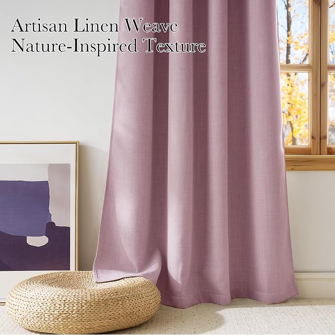 NICETOWN Pink Faux Linen Room Darkening Rod Pocket Curtains 63 inch Length