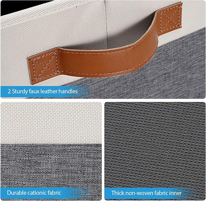 Large Fabric Storage Bins, Foldable Fabric Storage Baskets for Shelves, Sturdy Storage Boxes with PU Handles for Organizing Closet Home Bedroom Office (26L, 3 Packs, Grey&White)