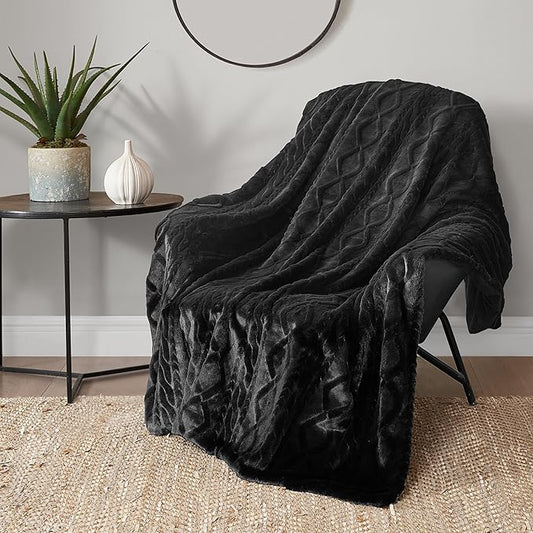 Lucky Brand Embossed Cable Rabbit Faux Fur Throw Blanket - Black - 50"X70" - Plush & Soft
