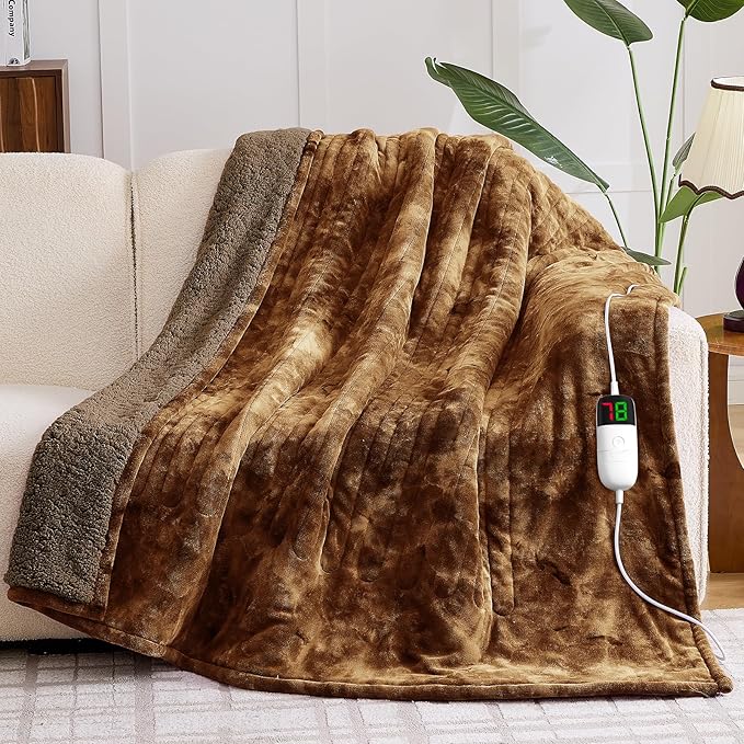 greenoak Heated Electric Blanket Throw, Faux Fur Sherpa Heating Blanket for Sofa Bed, Warm Winter Gifts for Dad/Grandma, Heater Lap Blankets 5-Position Timer &10 Heating Levels 50''*60" Brown
