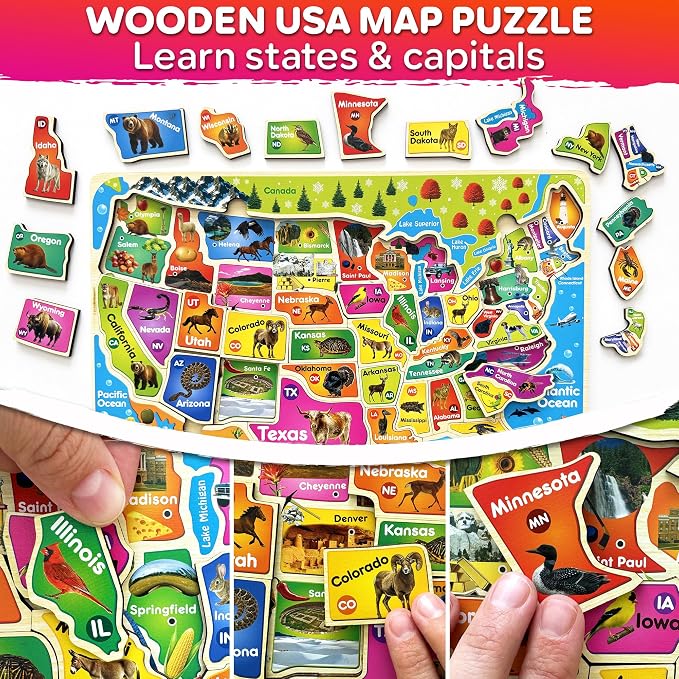 United States Puzzles for Kids Ages 4-6 - Wooden Toddlers Puzzles Ages 3-5 | USA Map Montessori Wood Educational Puzzles for Toddlers 2-4 - Realistic Geography Learning Kids Puzzles for Ages 6-8