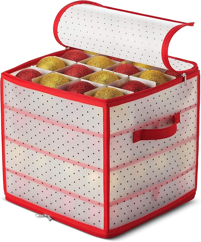 ZOBER Christmas Ornament Storage Box Plastic - Stores 64 3" Ornaments with Individual Trays - Ornament Organizer Storage Box, Durable Christmas Containers Holder - Red