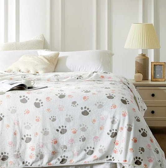 Allisandro 350 GSM-Super Soft and Premium Fuzzy Flannel Fleece Pet Dog Blanket, The Cute Print Design Washable Fluffy Blanket for Extra Large Puppy Cat Kitten Indoor or Outdoor, White, 80 x 64 Inches