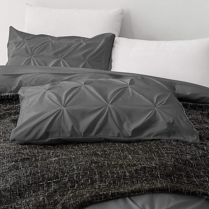 Pinch Pleated Duvet Cover Set 100% Brushed Microfiber 3PC Oversize Size 98x120 Duvet Cover Set, Decorative Pinch Design Dark Grey Duvet Cover with Matching Pillow Case