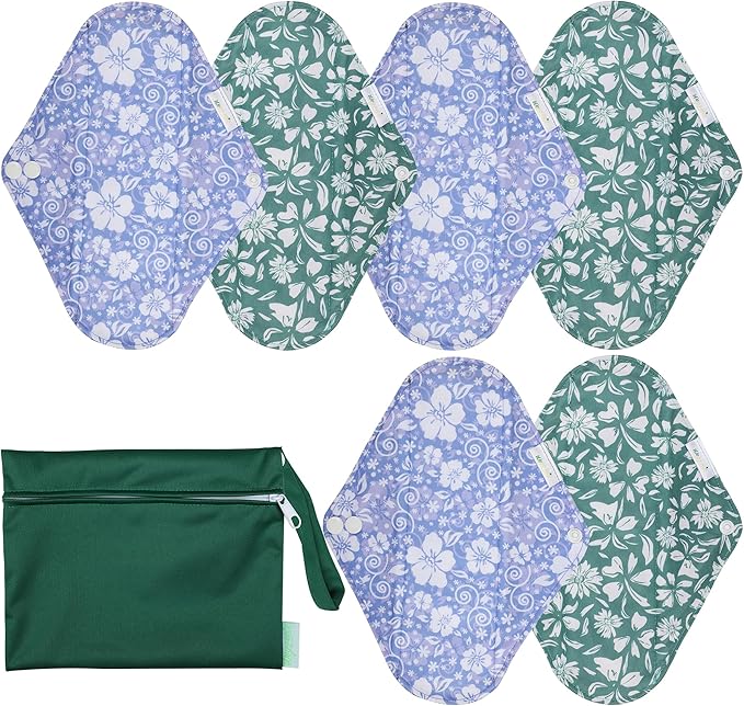 wegreeco Reusable Menstrual Pads - Reusable Sanitary Pads | Reusable Panty Liners | Soft Cloth Menstrual Pads - 6 Pack, 1 Cloth Wet Bag (in Full Bloom Flower, Large)