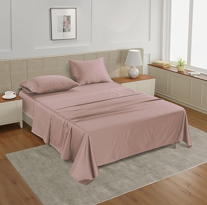 LANE LINEN Queen Sheet Sets – Natural 100% Cotton 450 Thread Count Cooling Sheets Queen, Soft Comfort for Restful Sleep, Easy Care & Machine Washable for Everyday Use, 15" Deep Pocket – Sepia Rose