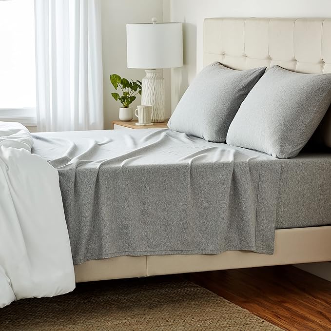 Amazon Basics 4 Piece Bed Sheet Set, 100% Cotton Jersey, Includes Super Soft, Flat and Fitted Sheets, Pillowcase, Queen, Light Gray, Solid