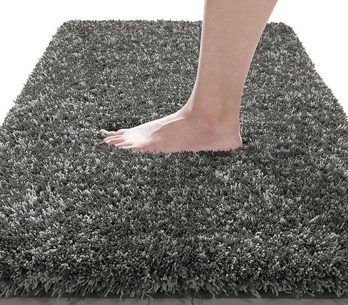 Yimobra Luxury Bathroom Rugs, Fluffy Bath Mats, Non Slip, Water Absorbent Microfiber, Machine Washable, Plush Runner Shower Rug, Thick Mat for Bathroom Floor/Tub, 60"x 24", Light Gray and Black Gray