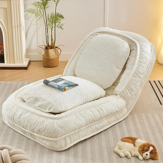 Adjustable 5-Position Human Dog Bed for People, Big Comfy Plush Floor Gaming Lazy Sofa Chair with Pillows & Back Support, Foldable Lounge Loveseat Couch for Living Room Bedroom (White)