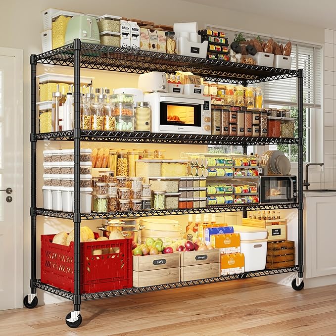 REIBII 60''W Storage Shelves 2399LBS Metal Shelving Unit with Wheels & Feet, 4 Tier Garage Shelving Heavy Duty Adjustable Wire Shelf for Pantry Kitchen Garage, 60" W x 18" D x 65.5" H, 2 Pack
