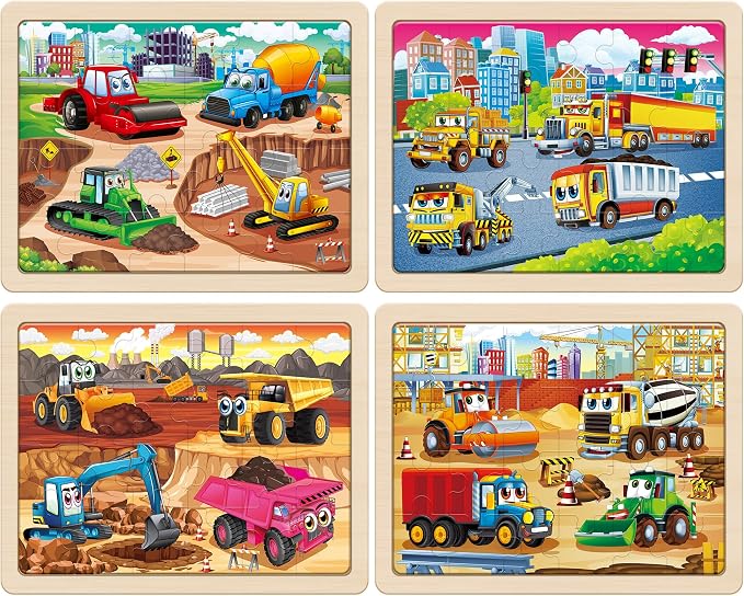 SYNARRY Large Wooden Construction Vehicle Puzzles for Kids Ages 4-6 | Monster Truck Puzzles for Kids Ages 3-5, Birthday Gifts for Boys & Girls, Educational Construction Toys, Screen-Free Play