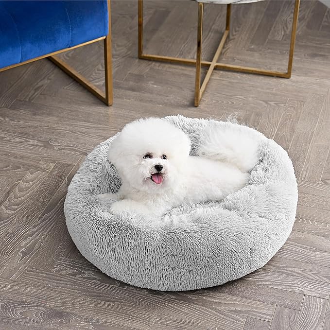 Juicy Couture Devon Faux Fur Large Gray Round Pet Bed for Dogs and Cats