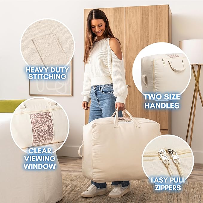 Soft Canvas Storage Bags with Zipper. Thick Breathable, 1pc King/Queen Comforter Organizer. Four Carrying Handles and Window. Large 25x19x9in Bag for Sheets Blankets Bedding Pillows, Clothes